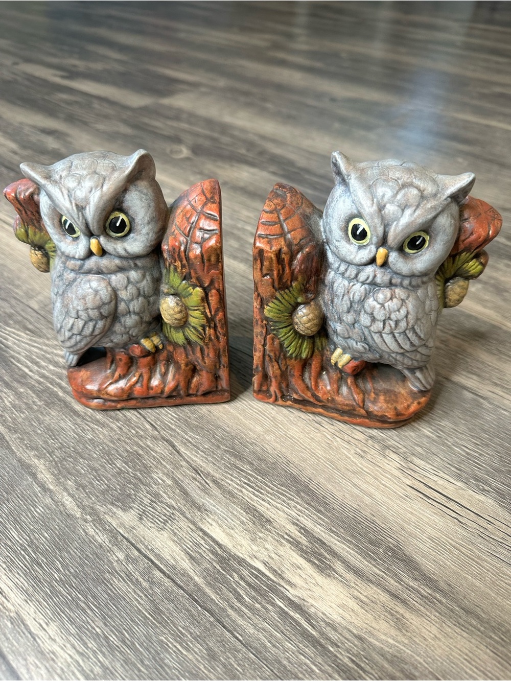 Vintage Owl Bookends Set Ceramic Wood Look Acorn Tree Rustic Woodland Decor